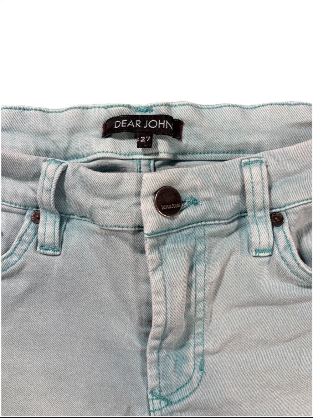 Dear John Tiffany Blue Teal Denim Roll-Cuff Women's Shorts - Picture 2 of 8